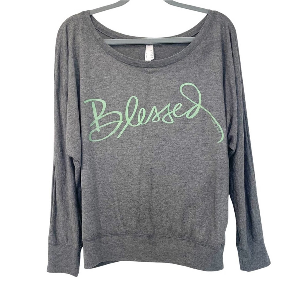 Blessed gray & green spell out scoop neck dolman style long sleeve tshirt top XL